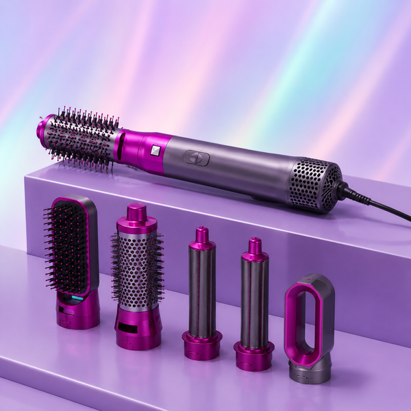 Moldeador de pelo multifunción en color lila y gris con sus cinco cabezales intercambiables para rizar, alisar y secar el cabello sobre un fondo morado