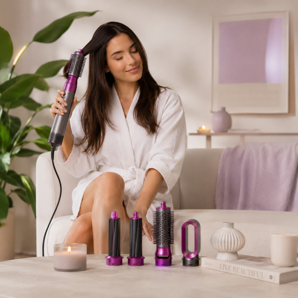 Mujer en bata blanca sonriendo mientras usa un cepillo moldeador eléctrico para peinar su cabello castaño, con accesorios de estilizado sobre la mesa