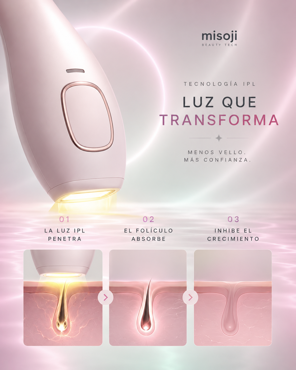 Infografía de Misoji Beauty Tech que explica el funcionamiento de la depilación IPL en tres pasos: la luz penetra, el folículo absorbe y se inhibe el crecimiento del vello